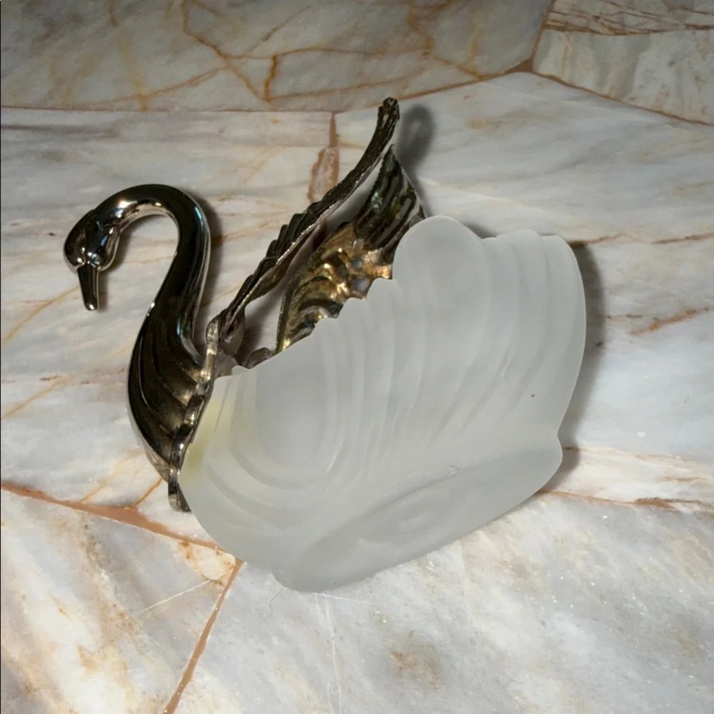 Vintage Frosted Glass Silver Tone Swan Figurine Articulated Filigree Wings